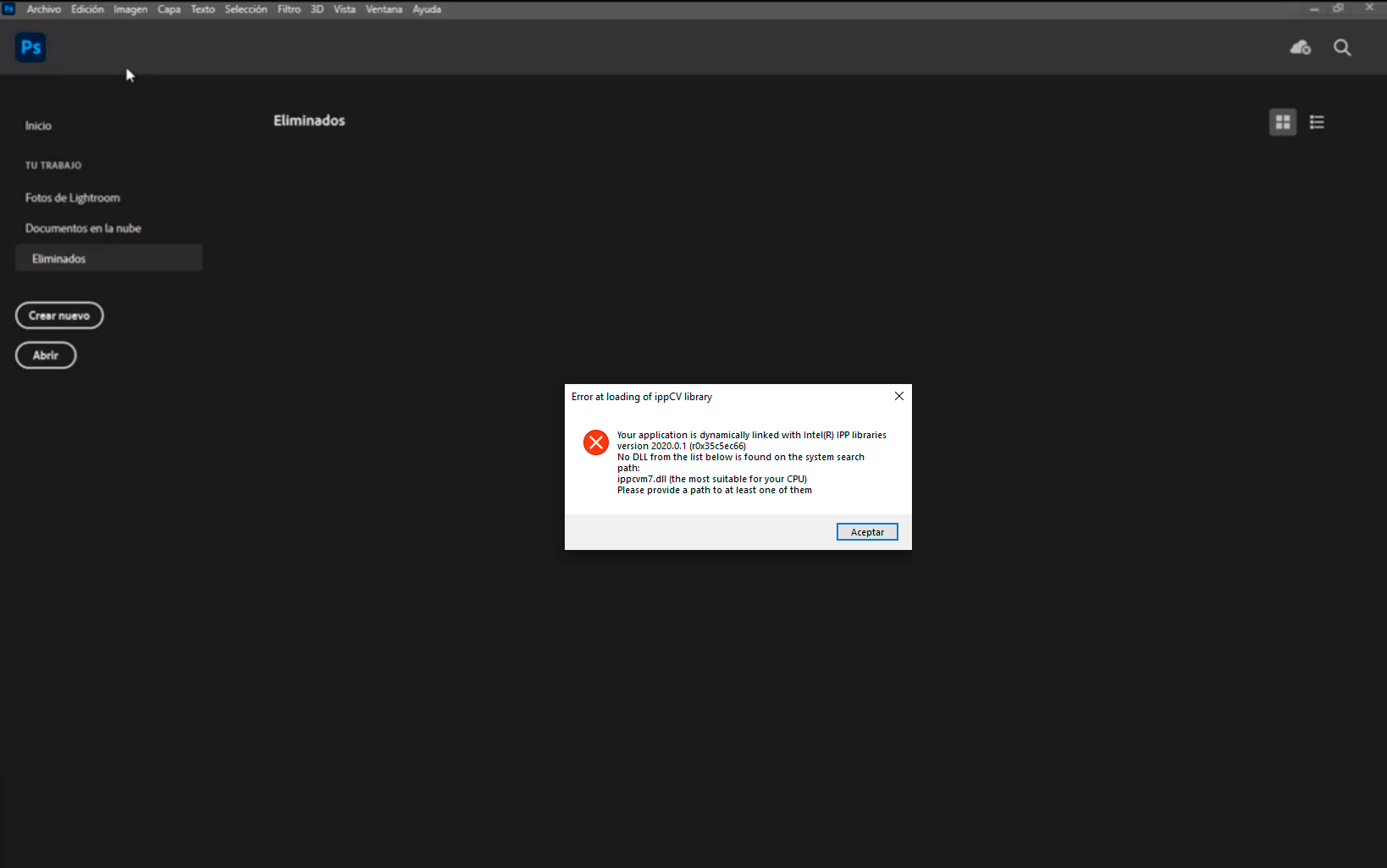 Photoshop: Corregir error at loading of ippCV library