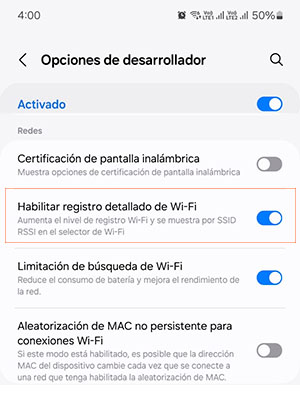 Habilitar registro detallado wifi