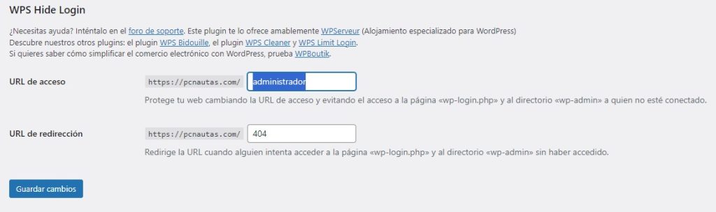 Wordpress Ajustes Configuración WPS Hide Login