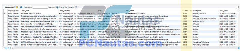 Resultado de la consulta SQL que general el conteo de las visualizaciones de wordPress