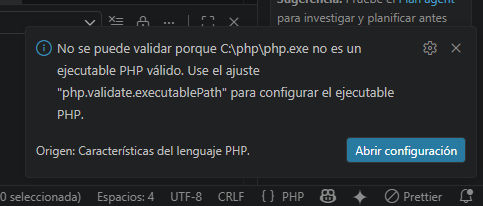 error de validación de PHP en VS Code